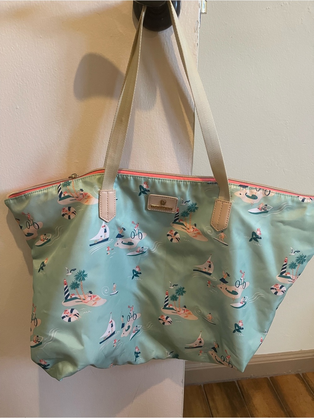 Spartina 449 Aqua Printed Tote with Beige Straps and Coral Trim